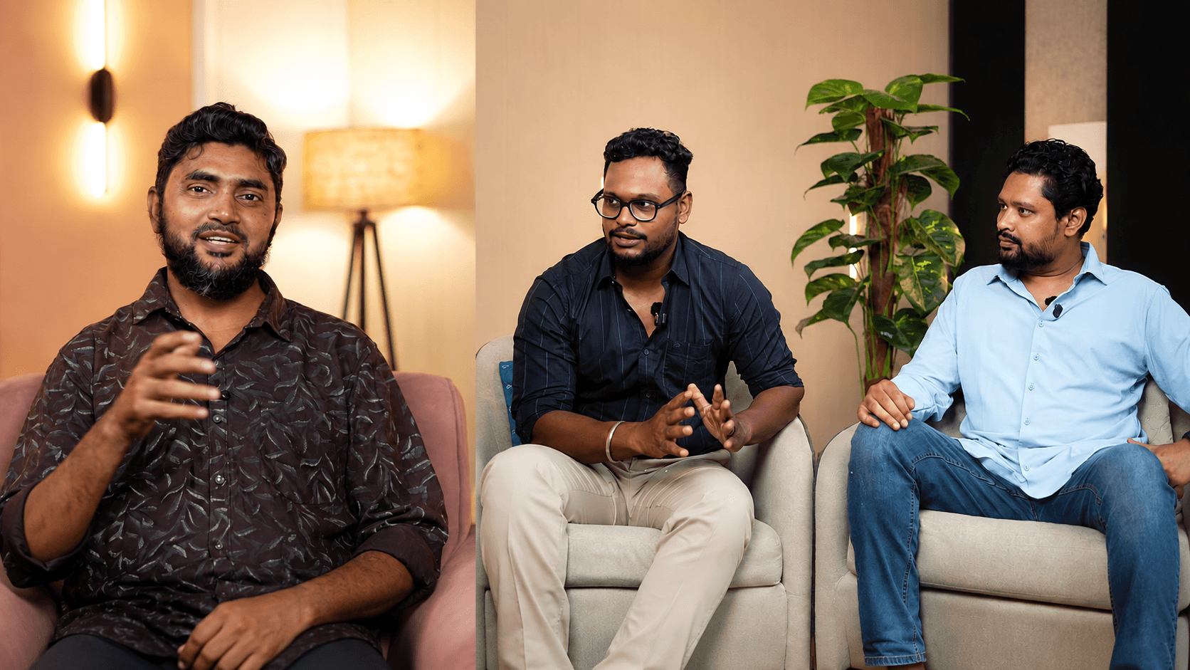 Three members of the Sirah Digital team mid-conversation on the studio set